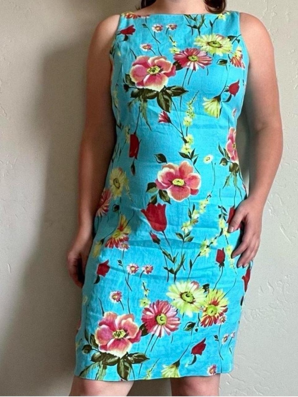 90’s vintage Jones New York bright blue floral print linen shift dress - Picture 3 of 8